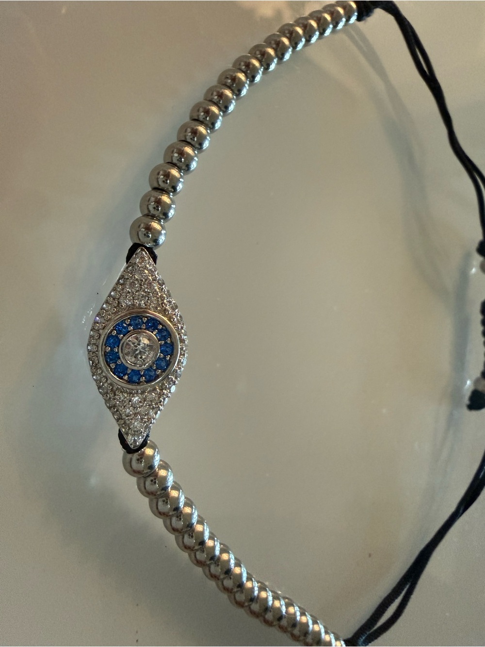 Silver Evil Eye Macramé Beaded Pull Cord Bracelet Sparkling Crystal Marquise